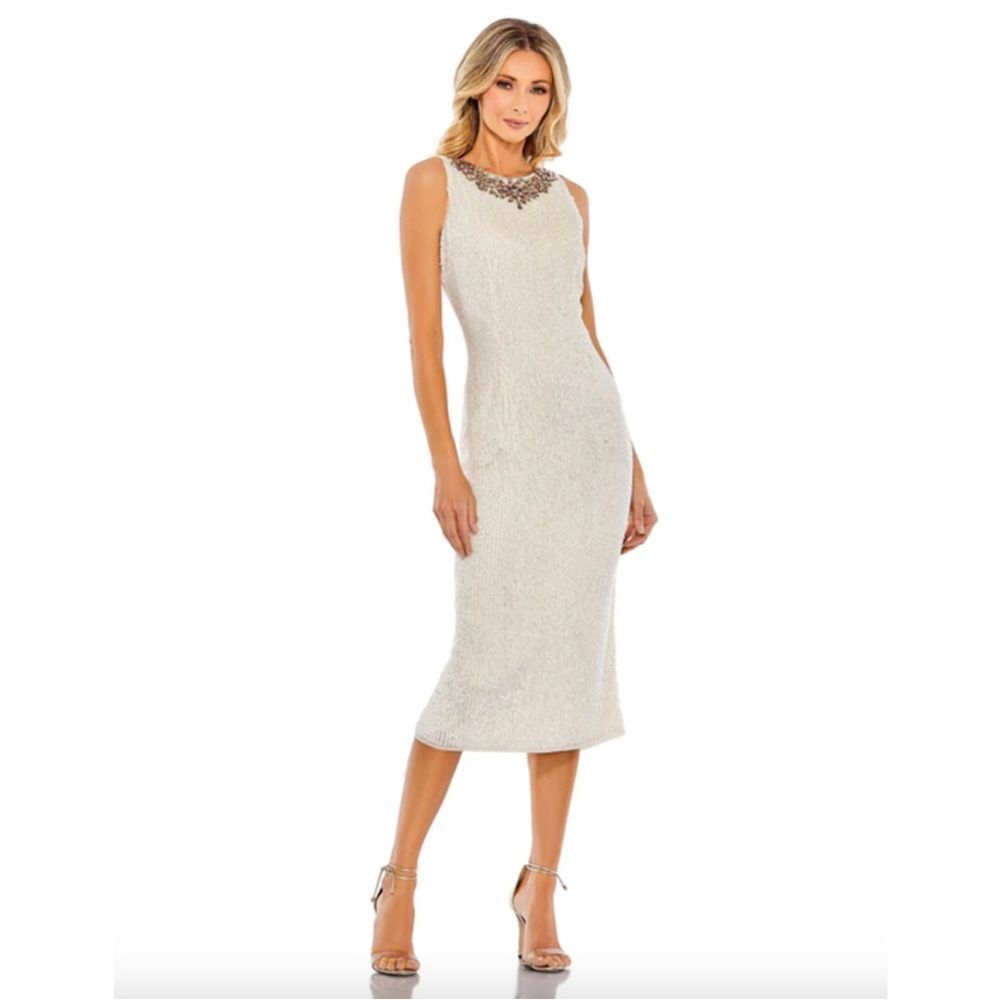 MAC DUGGAL  Sequin Cream Jeweled Neckline Midi Dress 93607 Size 6 NWT